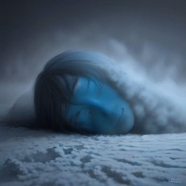 wojak lying face down in a giant pile of grey dust, eyes wide and unblinking, while a single glowing blue eye stares back from within the dust cloud