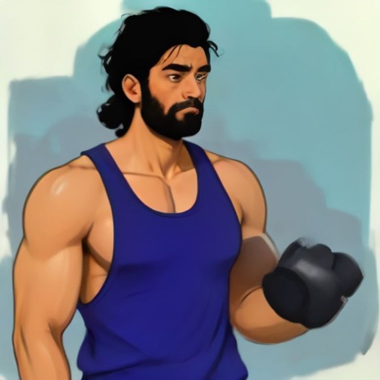 apu in a sweaty gym tank top holding a water bottle, looking exhausted, while a giant dumbbell looms over him