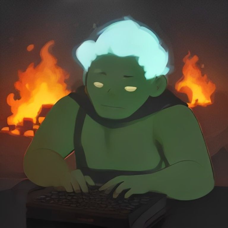 wojak sitting at a mechanical keyboard typing `impl Trait for Self` while a small fire burns in the background