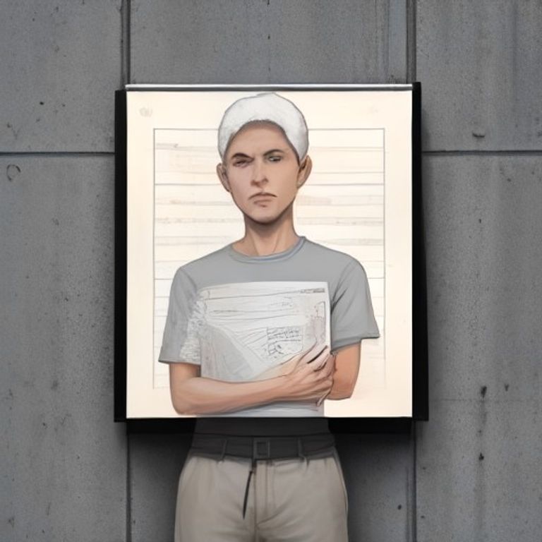 doomer wojak standing in front of a blank concrete wall, sweating profusely, holding a rolled-up blueprint that shows