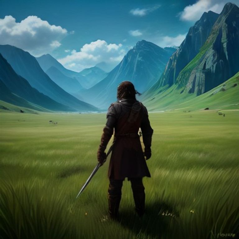 crude cartoon anon standing in an infinite field of identical grass clumps, holding a single rusty sword, staring blankly at a distant mountain while his inventory window floats over him showing 47 em
