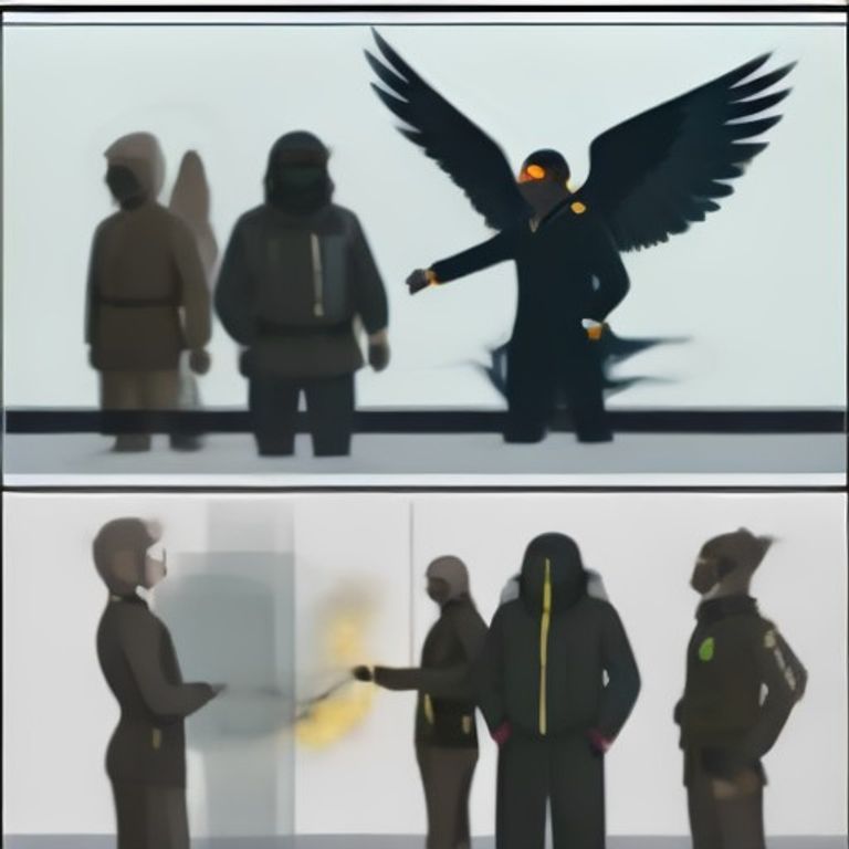 wojak wearing a suit with a tiny taser in his pocket, looking confused while two giant birds in tactical gear argue over a ballot box