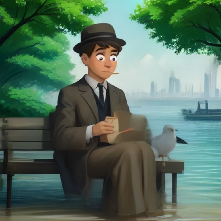 wojak sitting on a park bench holding a waterlogged paperback copy of "The Great Gatsby" while a seagull steals his sandwich