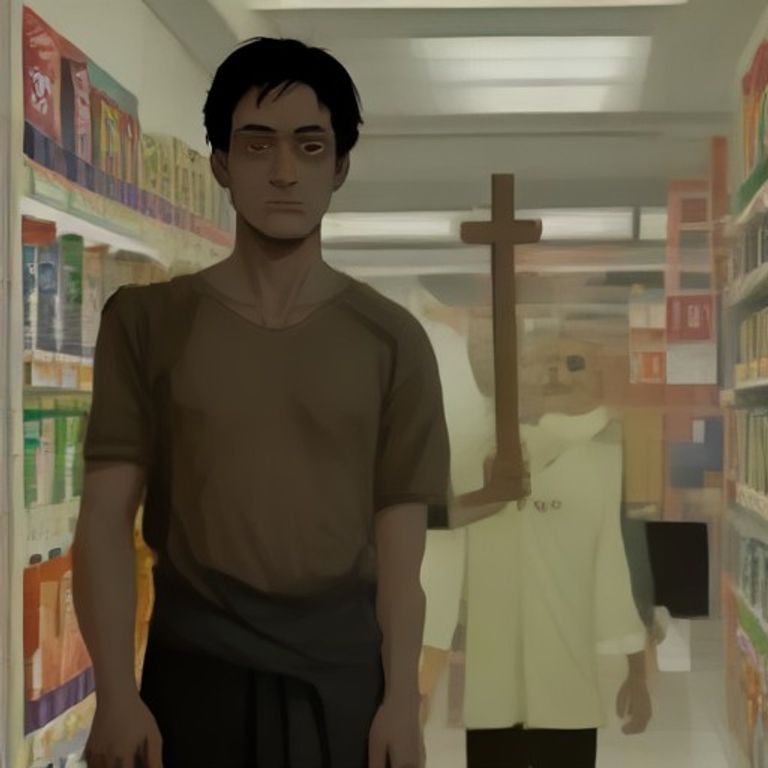 doomer wojak standing in a convenience store aisle, face pale and sweaty, holding a stick of beef jerky to his chest like a crucifix while another wojak behind him looks horrified.