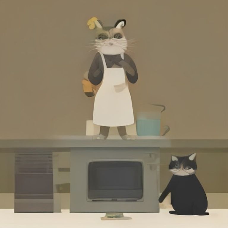 pepe wearing an apron holding a spatula, standing on tiptoes while a massive grumpy cat sits on top of a microwave, looking down at pepe with contempt