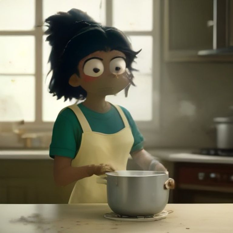 apu at a counter in a kitchen, holding a spoonful of beige slime with a look of profound betrayal, steam rising from a pot labeled "mistake