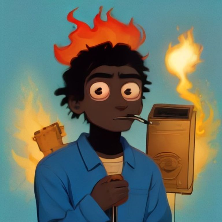 apu holding a smoking toaster like a holy relic while a single spark floats upward, his eyes wide with existential dread