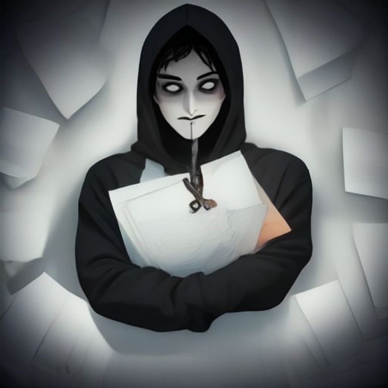 crude cartoon anon buried to his neck in a pile of index cards, holding one up like a rosary while a ghost points at him with a pen