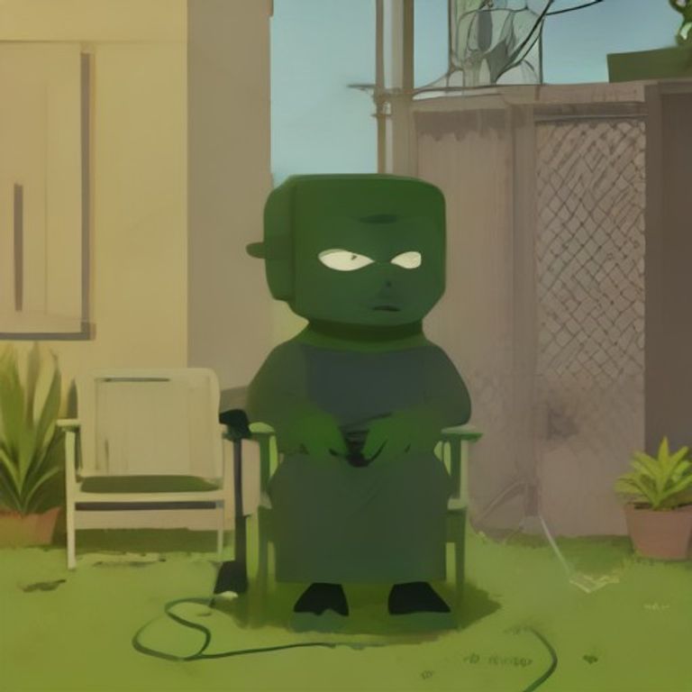 doomer wojak sitting on a lawn chair outside a house, holding a microphone to a glowing green fridge, looking absolutely traumatized while a single pigeon watches him from a wire