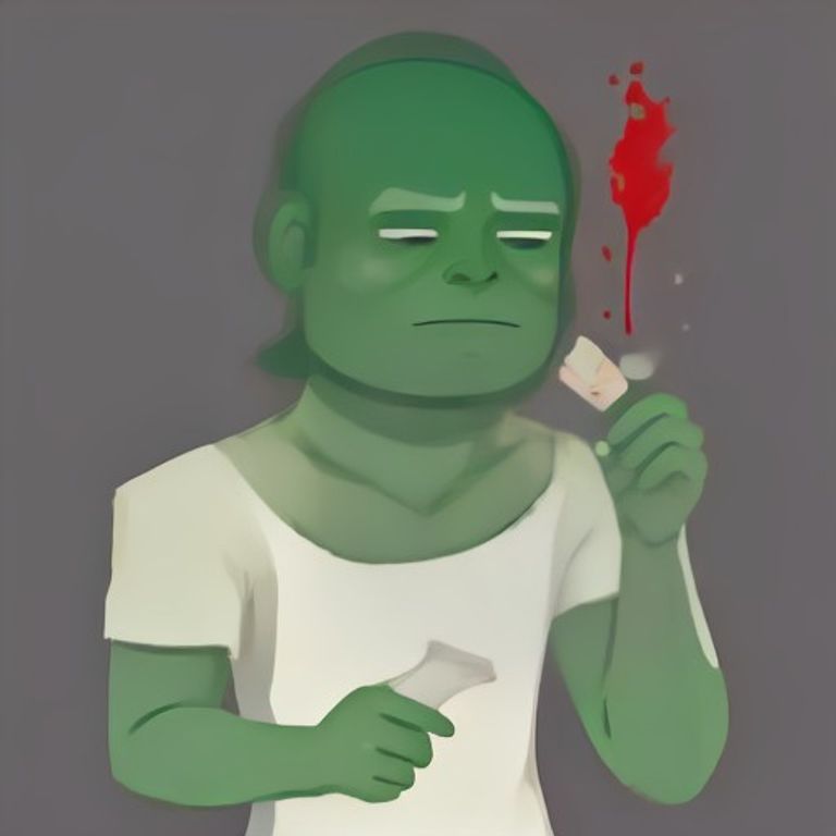 wojak holding a spoonful of chicken and glass shards, looking confused and bloody