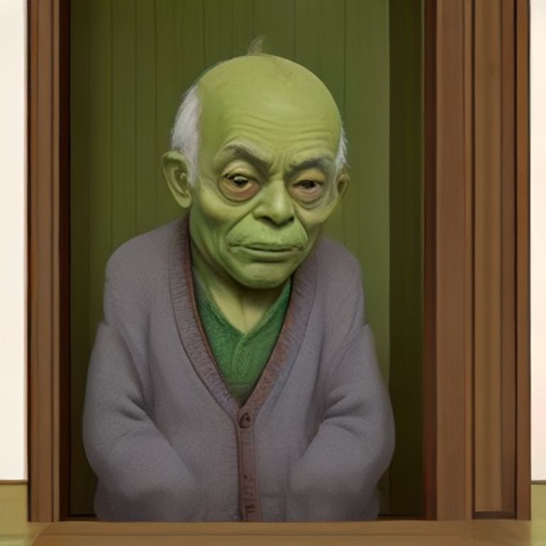 a confused old man in a cardigan pressing his entire forehead against a closed wooden door while a green pepe sits on the other side looking at him with mild interest