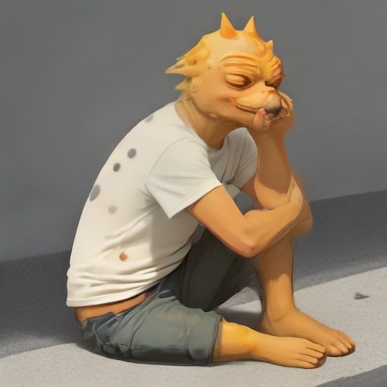 pepe sitting on a curb eating cold leftover pizza slices with visible grease spots on his shirt while looking directly at the viewer with unbothered contentment