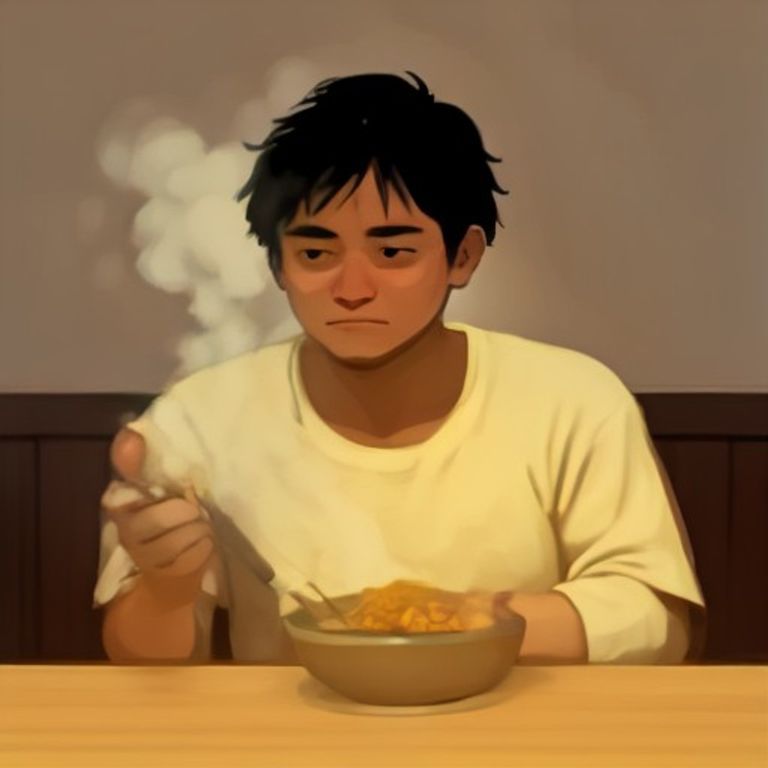 wojak sitting at a kitchen table holding a bowl of frosted flakes, looking deeply smug while steam rises from it like it's a rich ramen broth