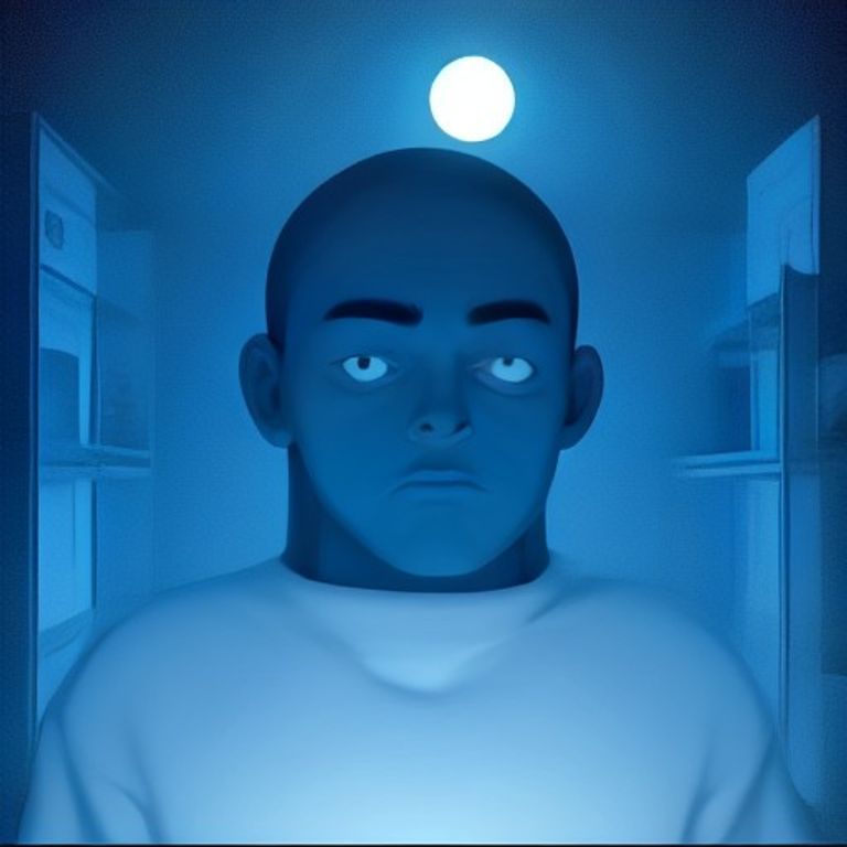 wojak staring into an open refrigerator light which is actually the moon, both glowing with an eerie blue intensity while his eyes are wide with existential dread