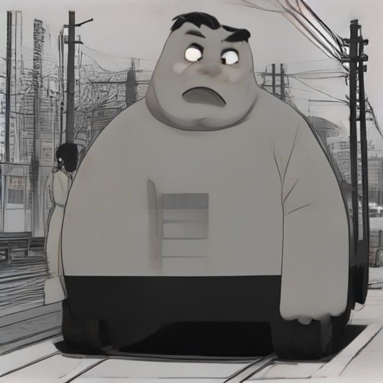 crude cartoon anon holding a calculator next to a trolley track, looking at a large man with a sad face while calculating the expected value