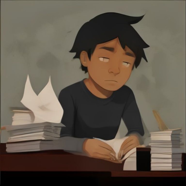 a doomer wojak sitting at a desk buried in crumpled books, holding one open upside down, looking confused and tired