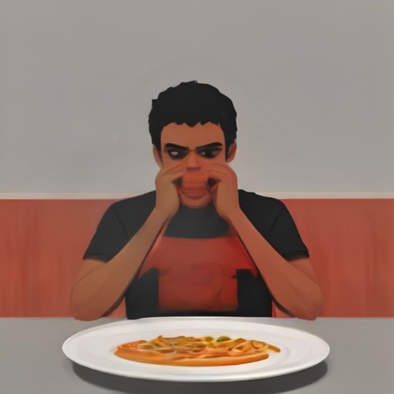 doomer wojak holding a ketchup bottle upside down over a plate of fries, sweat dripping onto the food while he stares into the middle distance