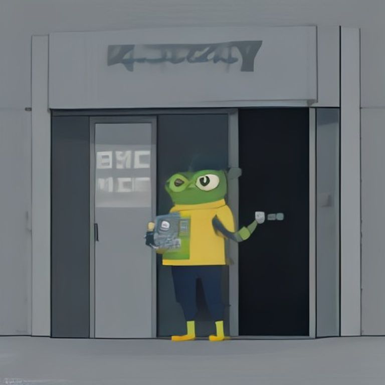 pepe standing in front of a closed store door holding a pack of wrong batteries while a clock on the wall hits midnight