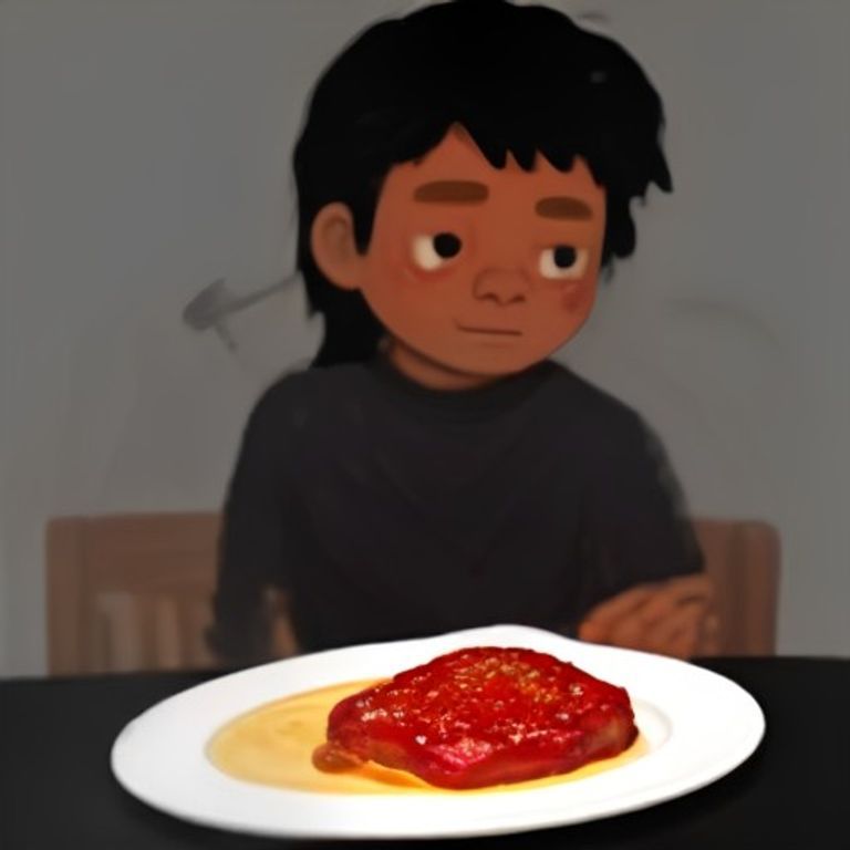 wojak staring blankly at a plate of steak covered in black burnt garlic bits while holding a bottle of ketchup