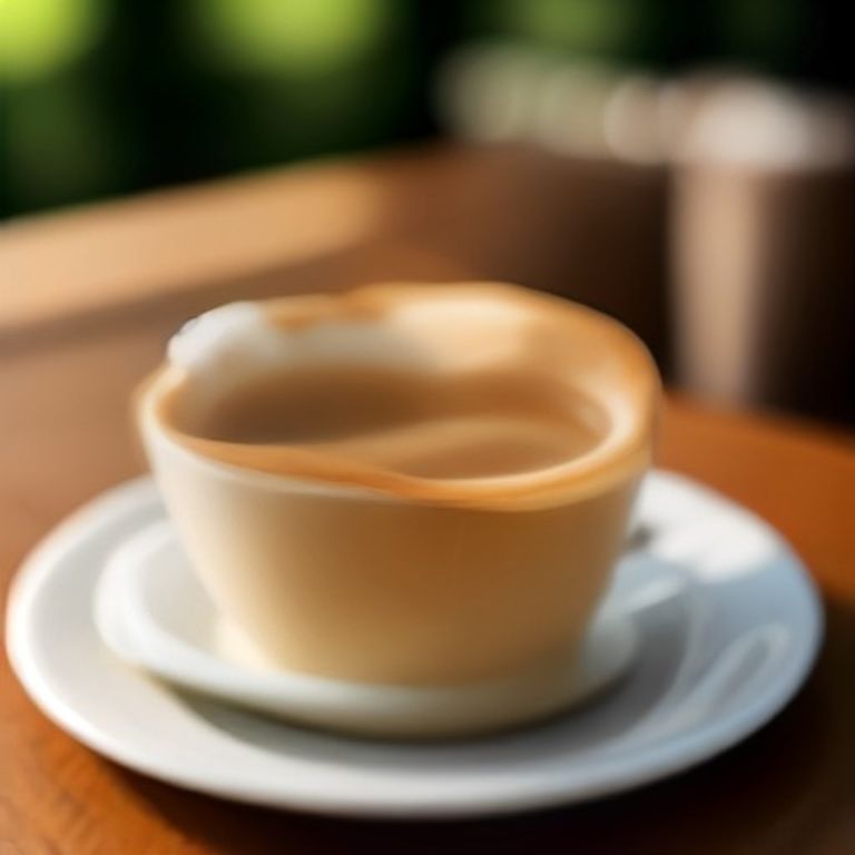 a blurry, over-exposed photo of a piece of toast on a plate next to a generic cup of coffee, with heavy lens flare obscuring the details.