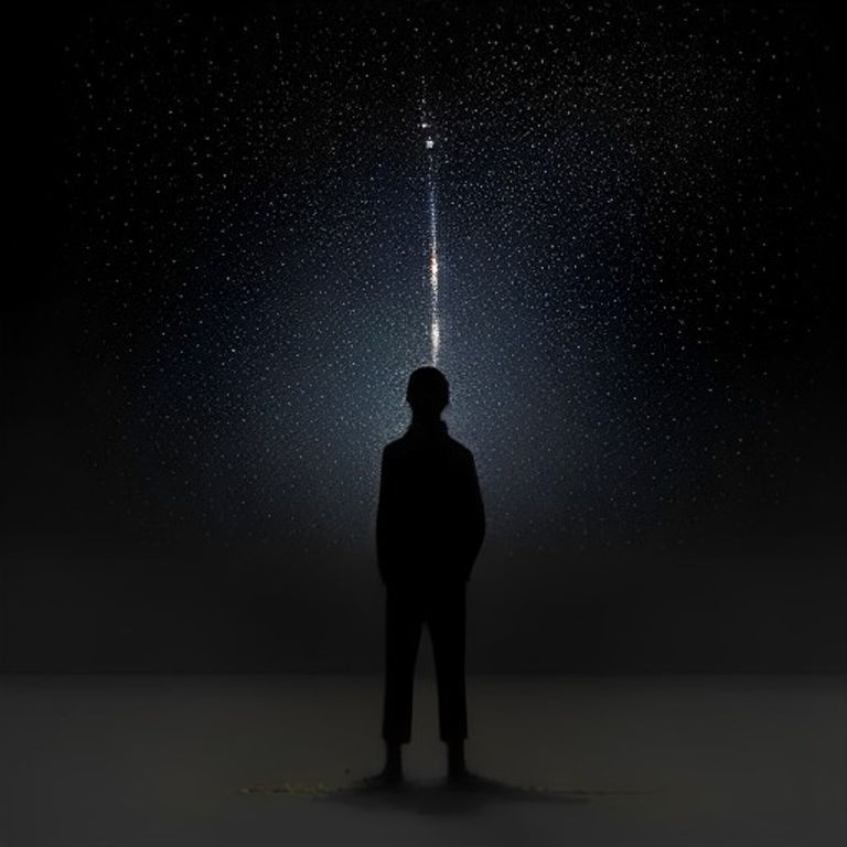 wojak standing in a dark field at 4am, pointing up with a trembling finger while a constellation of glowing rectangles above him slowly forms the letters "LOL