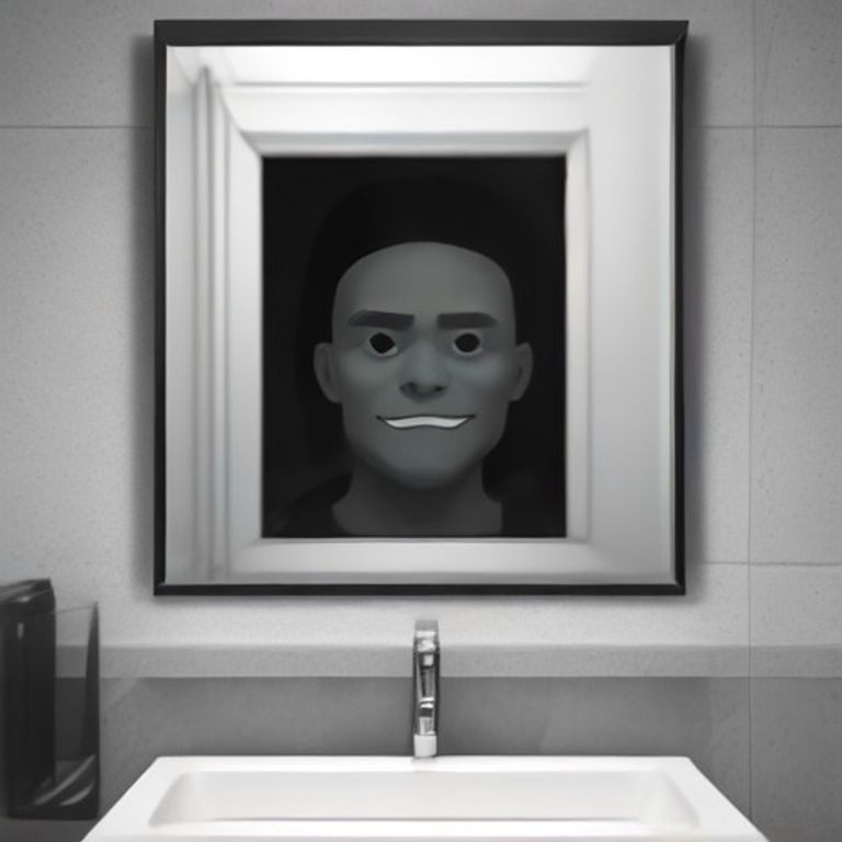 a doomer wojak staring into a bathroom mirror, his reflection slightly offset with an unsettlingly wide grin, fluorescent lighting casting long shadows