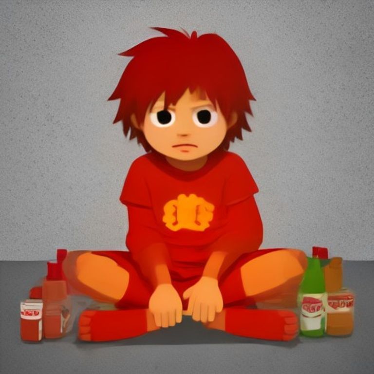 doomer wojak sitting cross-legged on the floor eating a sandwich that looks like a brick, one eye twitching, surrounded by empty ketchup bottles
