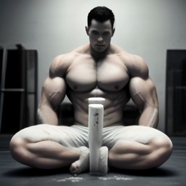 wojak sitting on the floor of a gym, surrounded by white powder, looking devastated as a massive bodybuilder looms over him holding a single scoop of whey