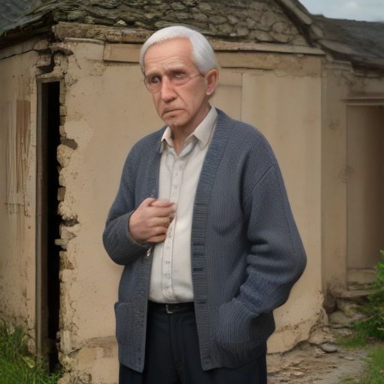 a very confused older man in a cardigan standing in front of a house with its foundation completely missing, just hovering there, while a small label on the wall reads "hollowed out