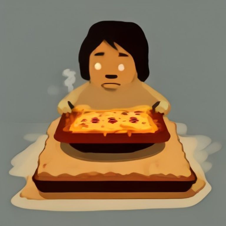 wojak holding a single square of burnt lasagna crust like a holy relic while staring in horror at the steaming, soupy middle of the dish