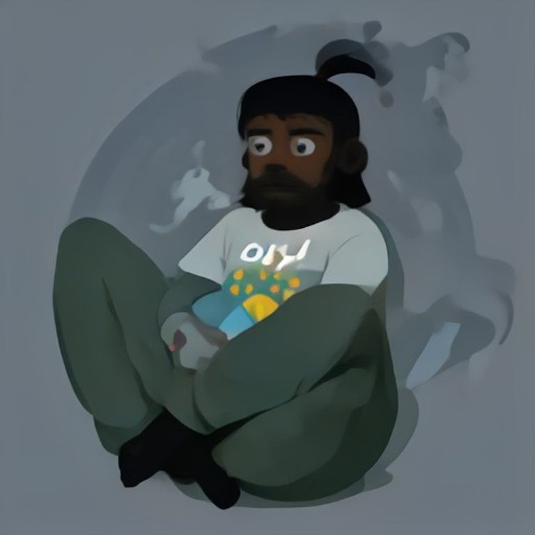 apu sitting cross-legged on a pile of discarded steam keys, sipping tea, surrounded by floating grey ghosts shaped like game boxes
