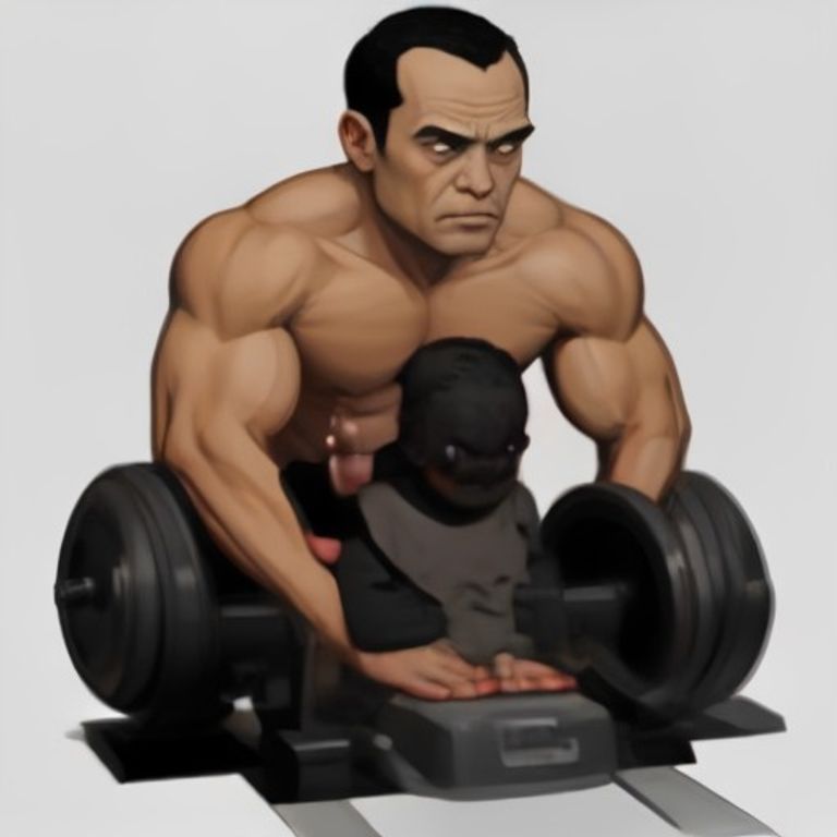 wojak strapped into a preacher curl machine, veins popping in his forehead, while a small guy looks on with a concerned frown