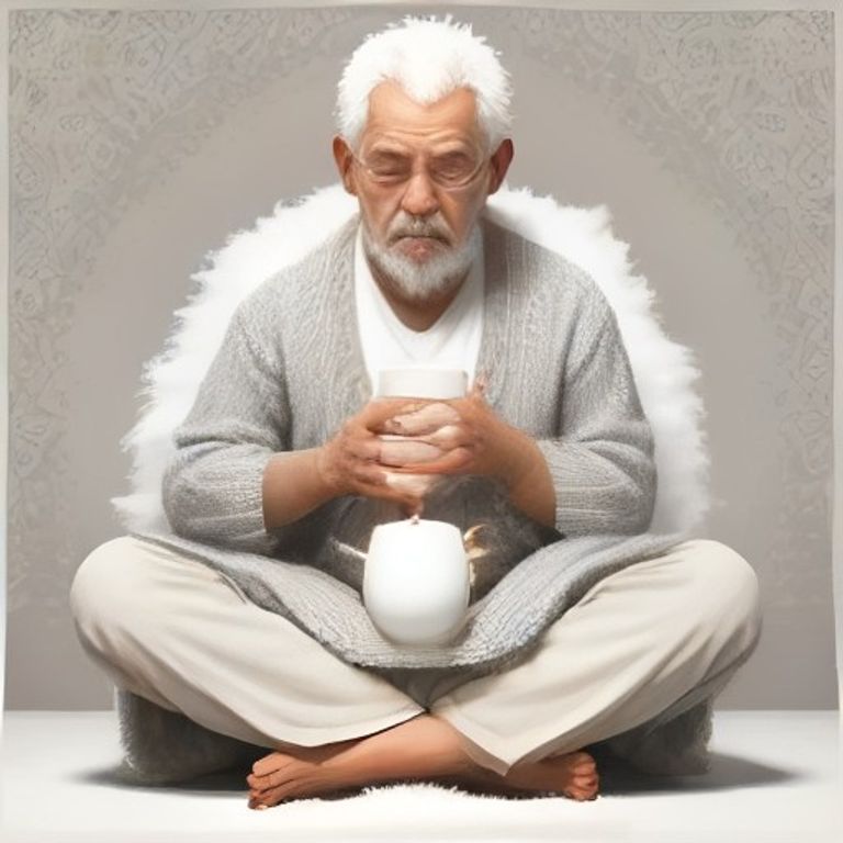 an older man in a cardigan sitting cross-legged on a rug covered in white fluff, holding a cup of tea with both hands, eyes closed in deep contemplation while a cat watches him with judgment