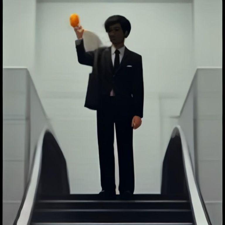 a confused wojak standing on an escalator with one foot dangling over the void, holding a bag of oranges, while a businessman in a suit stares at him with pure judgment