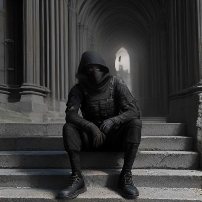 doomer wojak sitting on steps of a crumbling gothic cathedral, holding a plastic "No Entry" sign that says "Visa Required", looking up at a pigeon in a tiny tactical vest