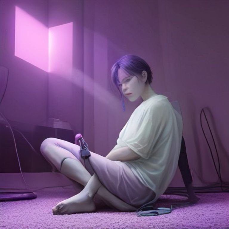 a bewildered wojak sitting cross-legged on a living room carpet while a upright vacuum cleaner glows with an ethereal purple aura, the dust bag visibly distended and humming.