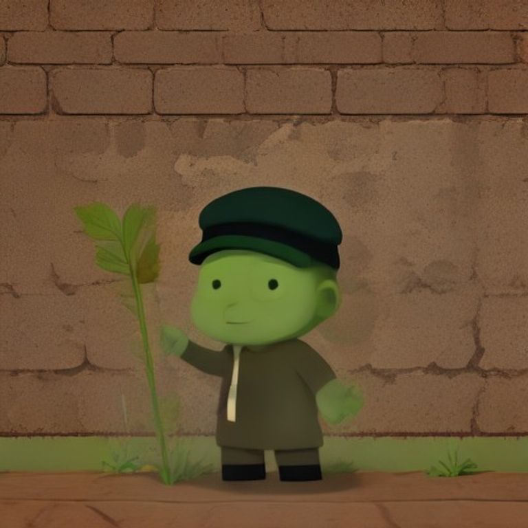 a doomer wojak standing in front of a brick wall, holding a spirit level against a beam, looking confused while a small green leaf sprouts from his hat