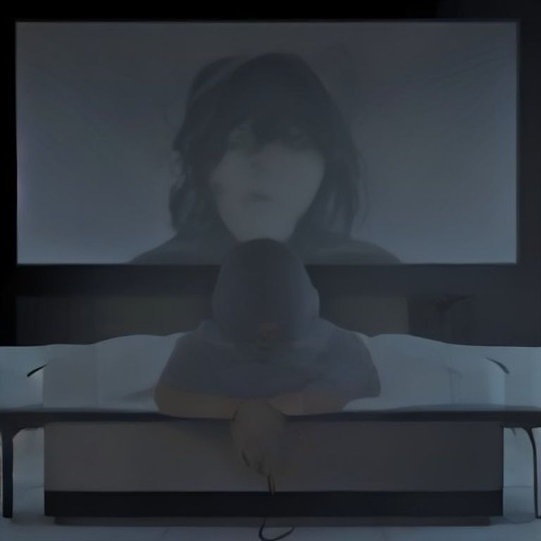 wojak lying flat on his back in a dark room, head tilted up looking at a spinning logo on his tv, eyes half closed in deep peace while his controller dangles off his hand