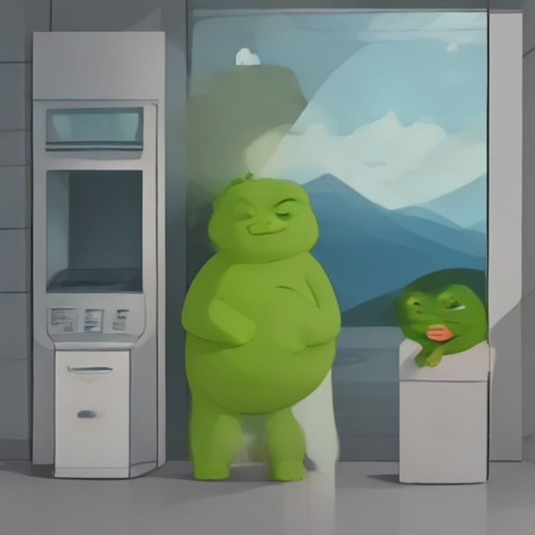 a tiny, smug pepe standing on a pile of toilet paper that looks vaguely like a mountain while a doomer wojak stares at him from inside an ATM machine