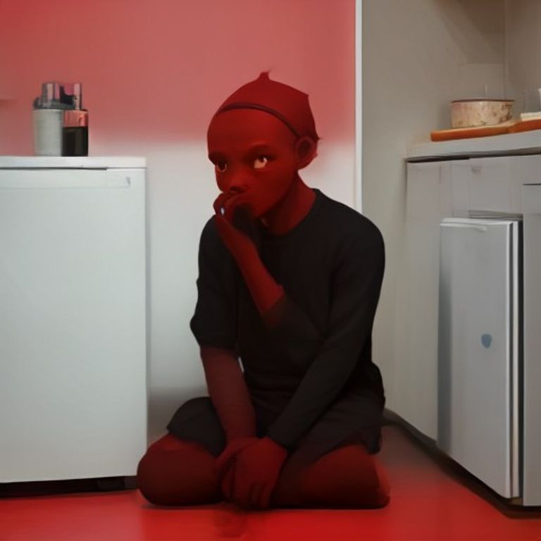 doomer wojak sitting on his kitchen floor with his head in his hands while a refrigerator stands in the background with glowing red eyes and a mouth wide open like it's singing