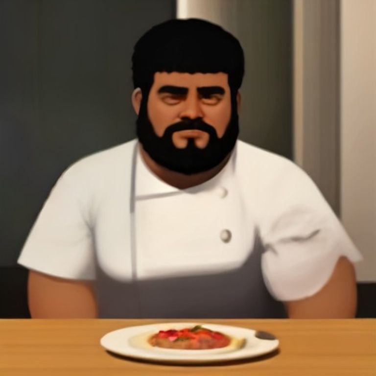 wojak sitting at a table with a massive bowl of chunky beef, looking smug, while a pretentious chef next to him cries over a thin clear liquid