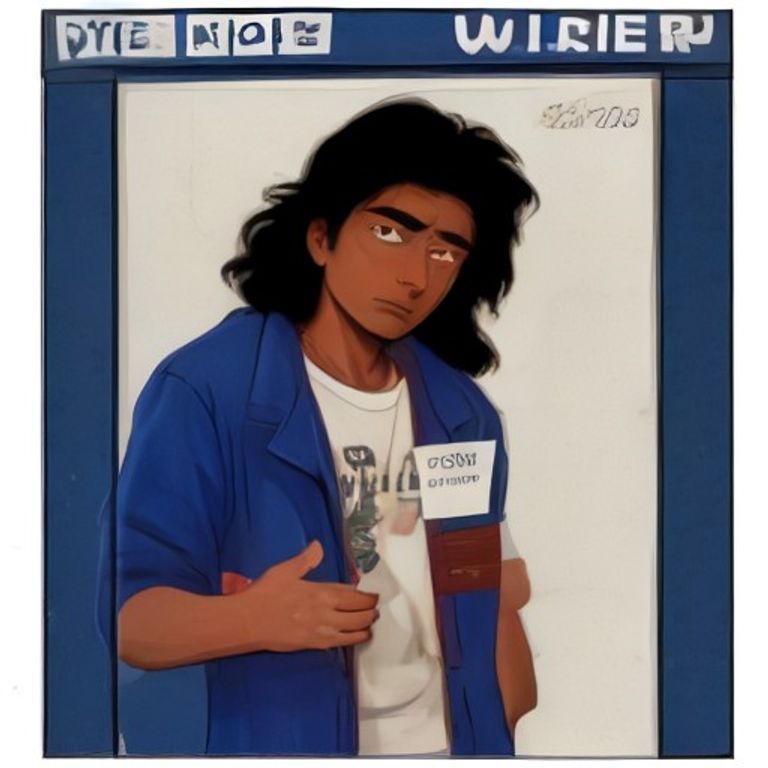 apu standing in line at a voting booth holding up his license with a large hole in the corner while a stern election official points at it and shakes his head