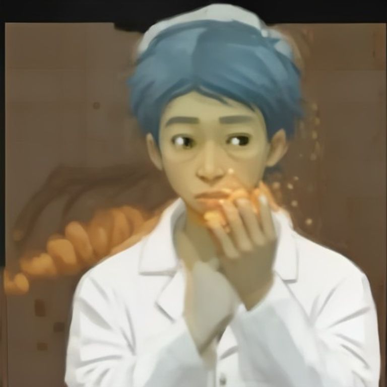 wojak in a lab coat intensely measuring the tear pattern of a torn croissant while others in the background eat messy sandwiches