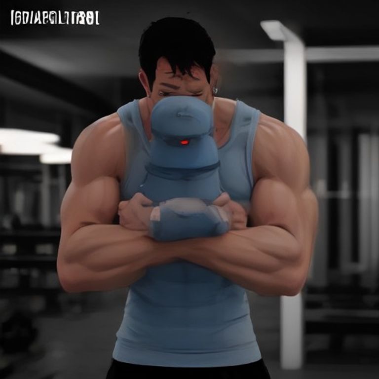 a blurry, slightly drunk wojak hugging a single dumbbell in an empty gym at night, eyes wide with tears, caption text says "hi bob