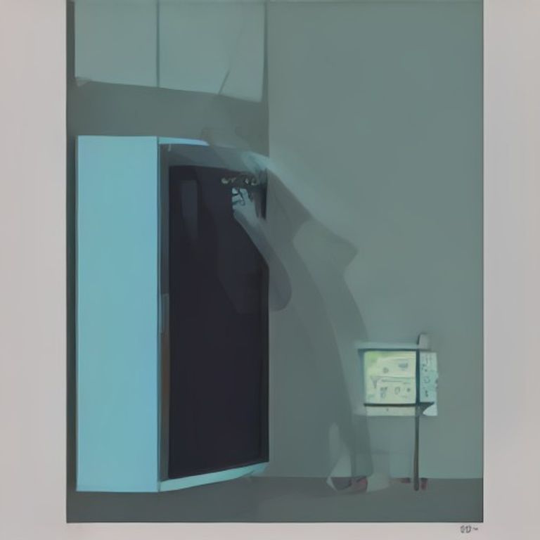 a doomer wojak staring in horror at a digital clock that reads 3:03 while a giant translucent hand reaches out from the fridge to fix it