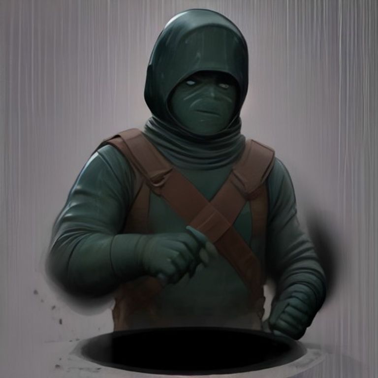 wojak holding a massive cast iron skillet like a shield while rain pours on him outside