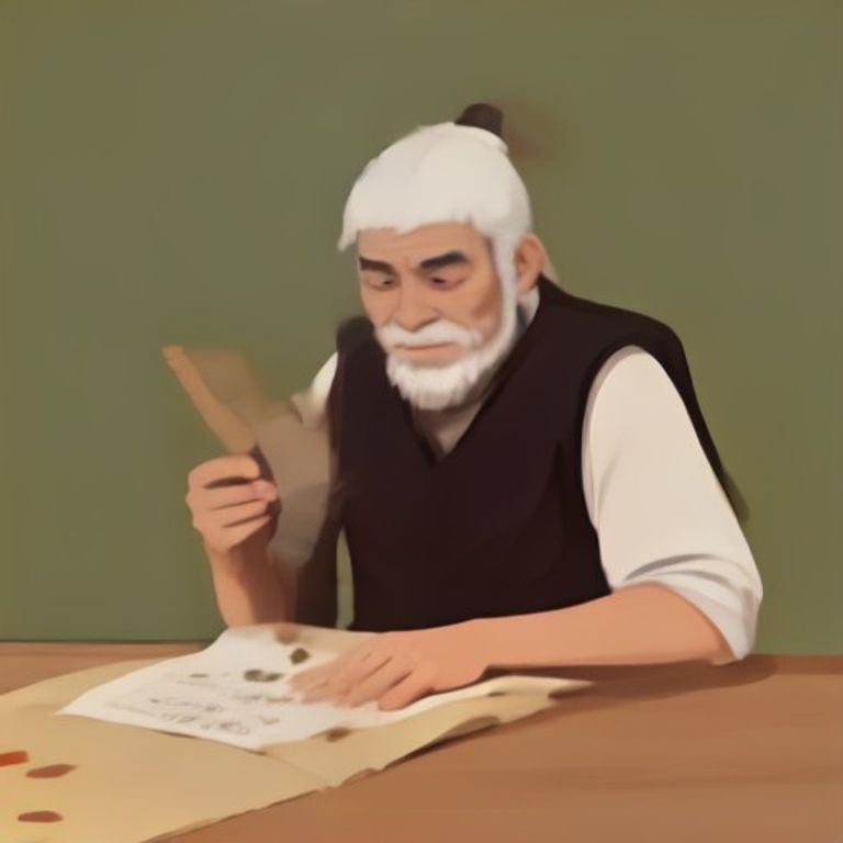 wojak squinting at a scroll while a goat eats another scroll in the background