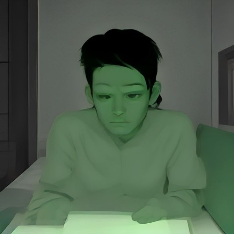 doomer wojak lying in bed staring at the ceiling, a faint green glowie reflection in his dilated pupils, a laptop screen on the nightstand displaying a live feed of his own sleeping face