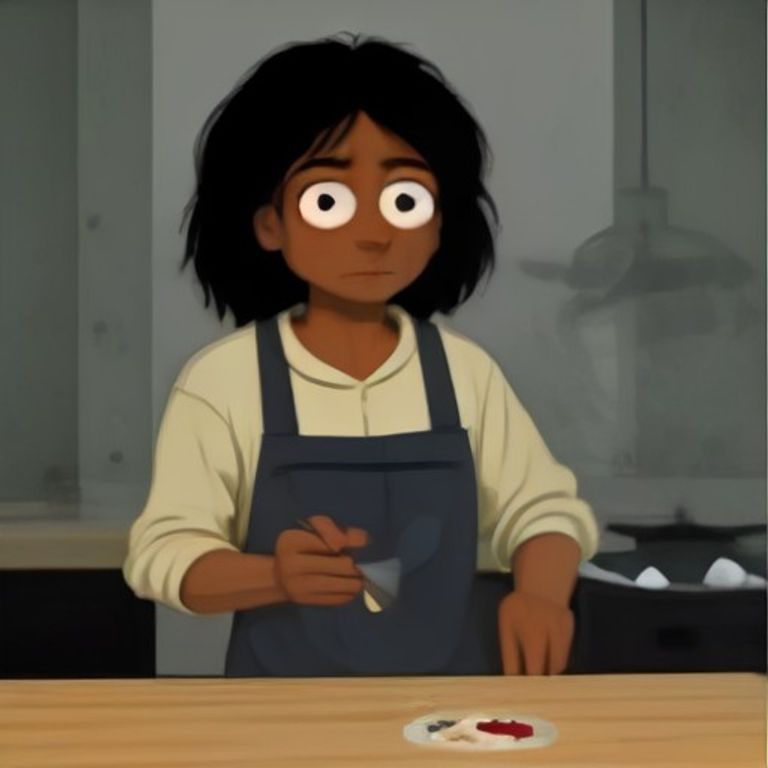 apu standing in a foggy kitchen holding a wooden spoon, his eyes wide with existential dread as he stares into a pot of soup where a single intact onion floats like a pale eyeball