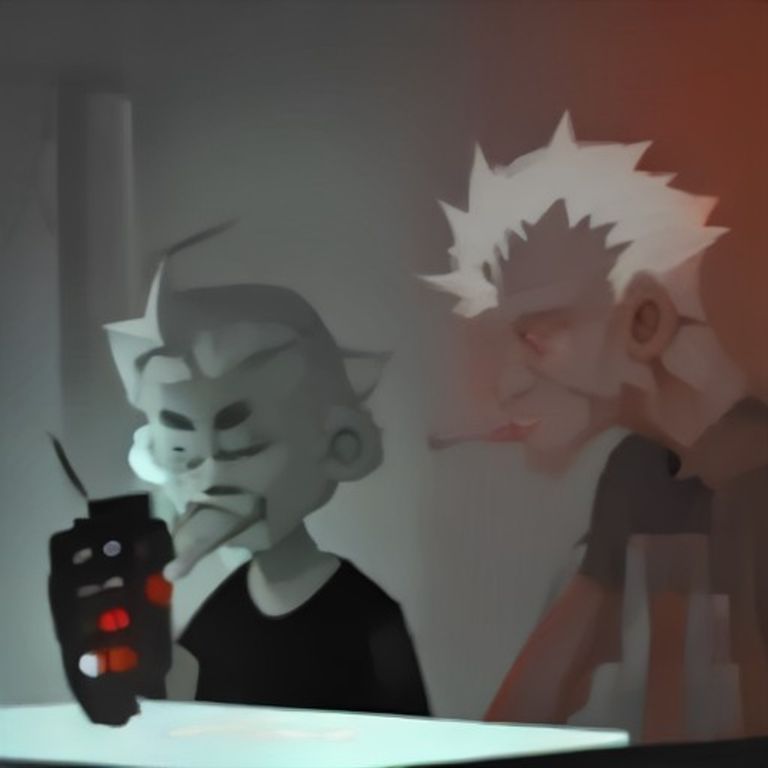crude cartoon wojak pointing a flashlight at another wojak's spiky grey hair which is actually emitting red radio waves into a doomer in the background